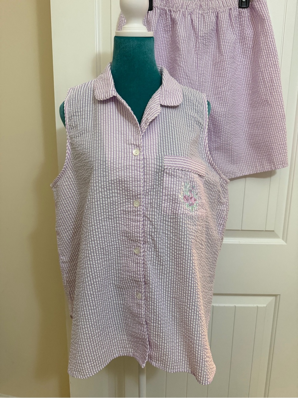 Miss Elaine Lavender & White Seersucker Sleeveless Pajama Shorts Set XL